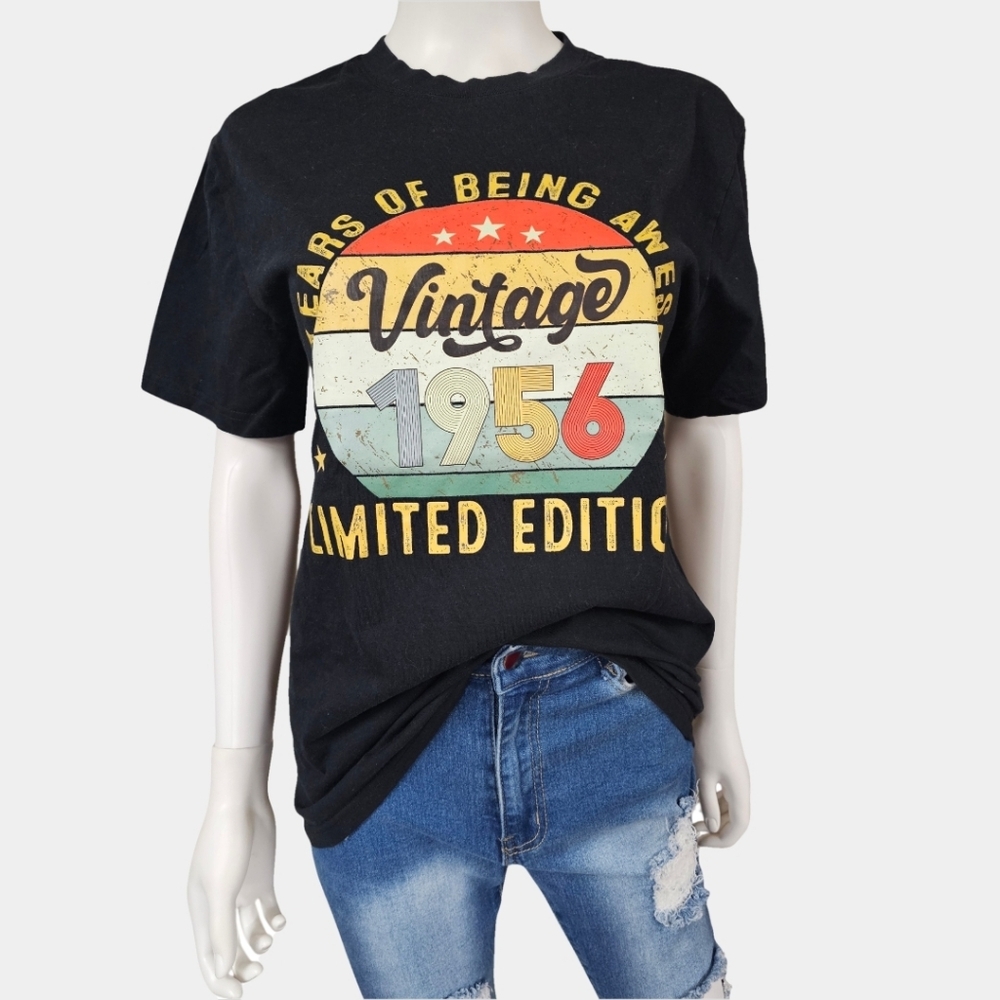 Vintage 1956 Crew Neck Short Sleeve Graphics Black Tee Size L NWOT